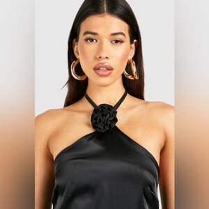 Black Halter Neck Satin Top with Floral Detail